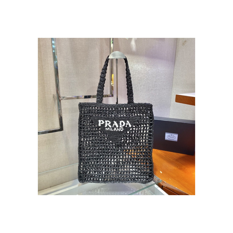 프라다(PRADA) 뜨개가방 라피아 크로셰 토트백 숄더백 네트백 블랙 1BG393 1BG444 36CM X 38CM X3CM