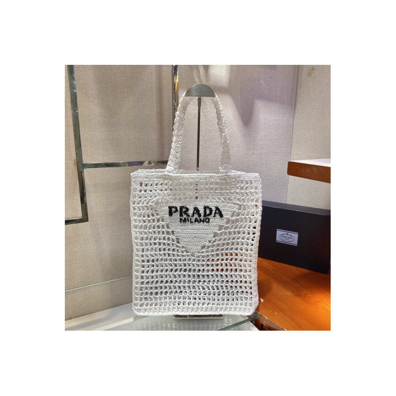 프라다(PRADA) 뜨개가방 라피아 크로셰 토트백 숄더백 네트백 화이트 1BG393 1BG444 36CM X 38CM X3CM