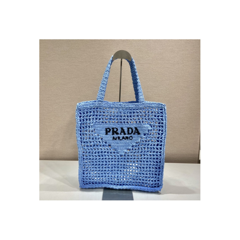 프라다(PRADA) 뜨개가방 라피아 크로셰 토트백 숄더백 네트백 라이트블루 1BG393 1BG444 36CM X 38CM X3CM