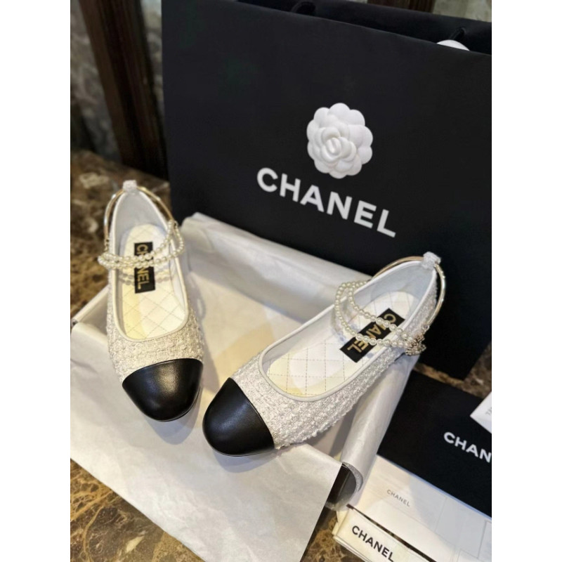 샤넬 투톤 발레리나 진주 메리제인 플랫슈즈 G38986 CHANEL-해피샵